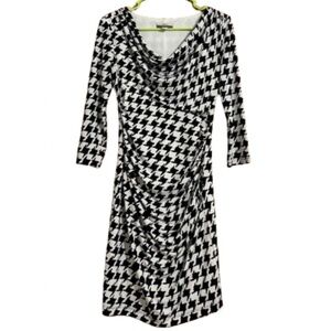 muse Women Black White Houndstooth Drape Neck Elastic Ruched Bodycon Dress Sz-4